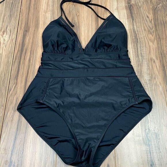 Black one piece halter swim suit w/ mesh detail - Picture 1 of 10
